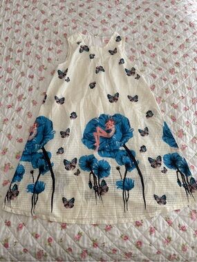 Girls White Sleeveless Floral & Butterfly Dress with Blue Accents